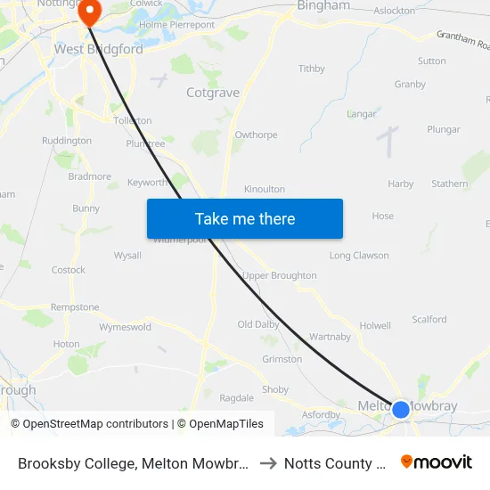 Brooksby College, Melton Mowbray to Notts County FC map
