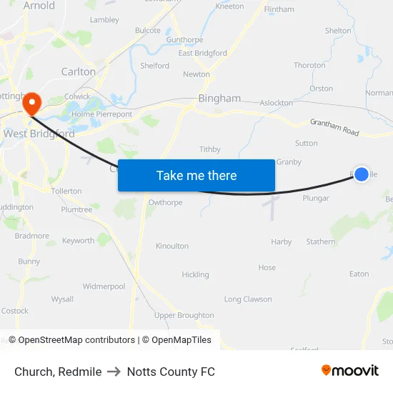 Church, Redmile to Notts County FC map