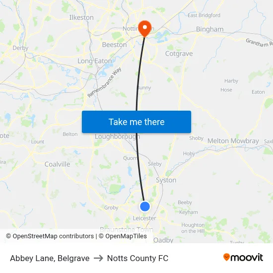 Abbey Lane, Belgrave to Notts County FC map