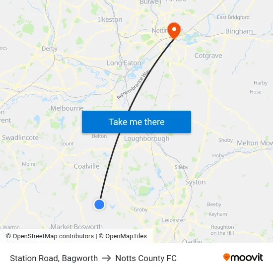 Station Road, Bagworth to Notts County FC map