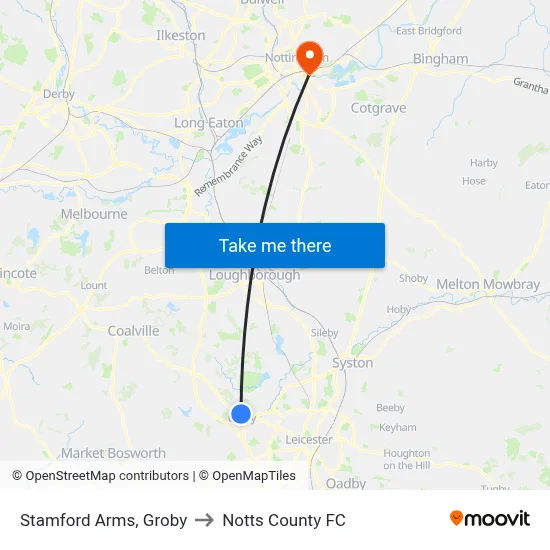 Stamford Arms, Groby to Notts County FC map