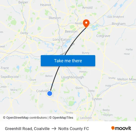 Greenhill Road, Coalville to Notts County FC map