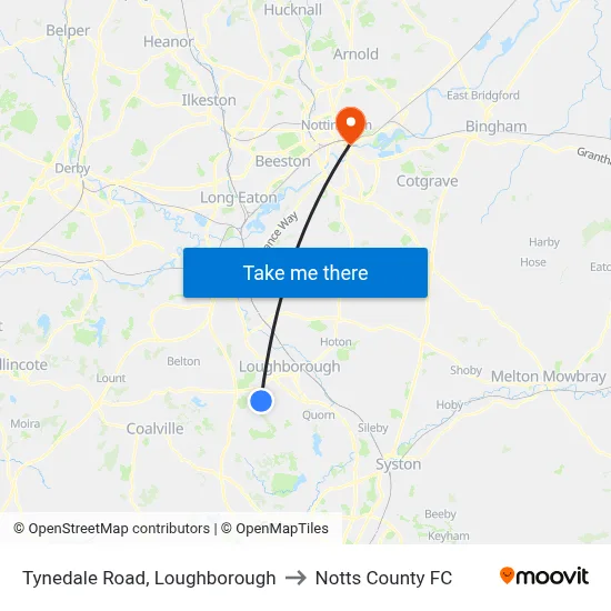 Tynedale Road, Loughborough to Notts County FC map