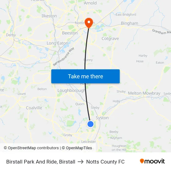 Birstall Park And Ride, Birstall to Notts County FC map