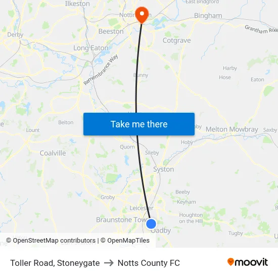 Toller Road, Stoneygate to Notts County FC map