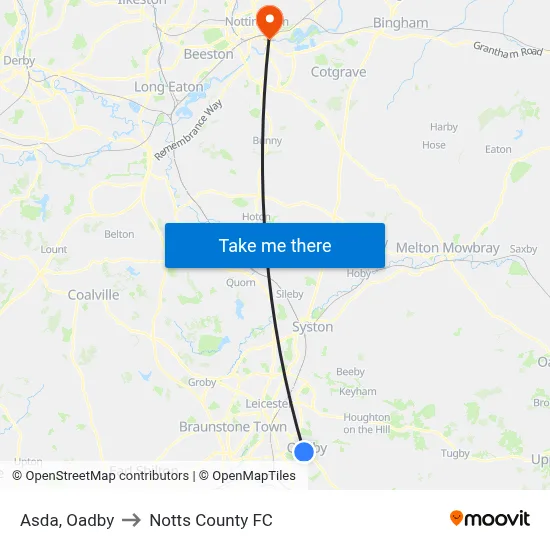 Asda, Oadby to Notts County FC map