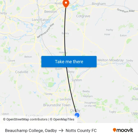 Beauchamp College, Oadby to Notts County FC map