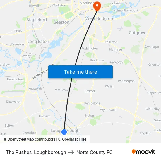 The Rushes, Loughborough to Notts County FC map