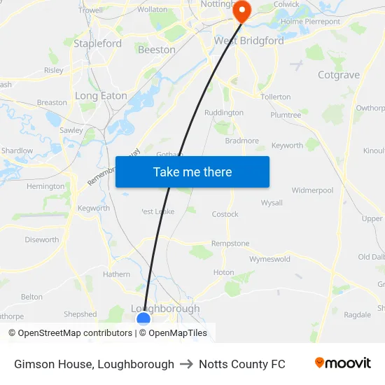 Gimson House, Loughborough to Notts County FC map