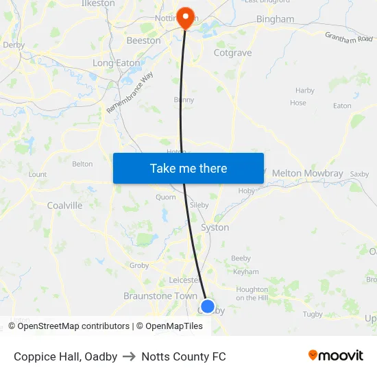 Coppice Hall, Oadby to Notts County FC map
