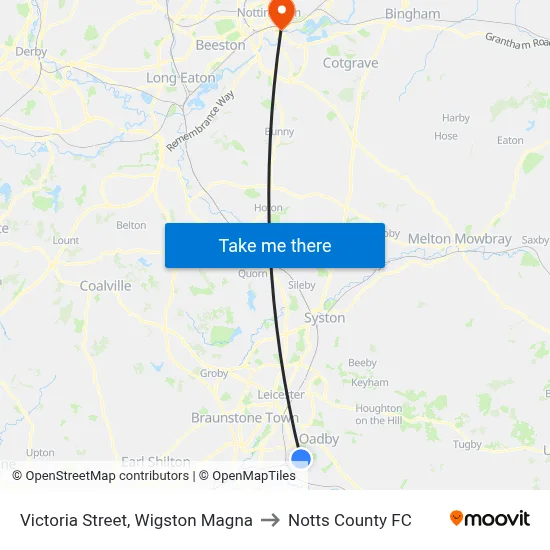 Victoria Street, Wigston Magna to Notts County FC map