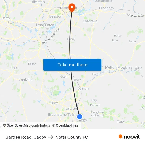 Gartree Road, Oadby to Notts County FC map