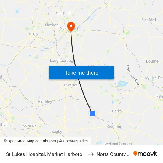 St Lukes Hospital, Market Harborough to Notts County FC map
