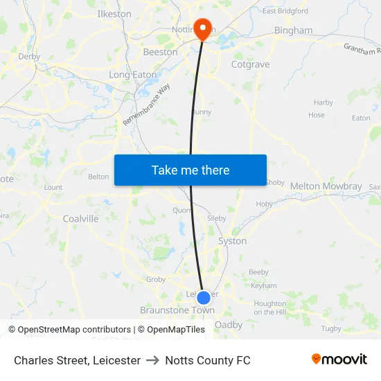 Charles Street, Leicester to Notts County FC map