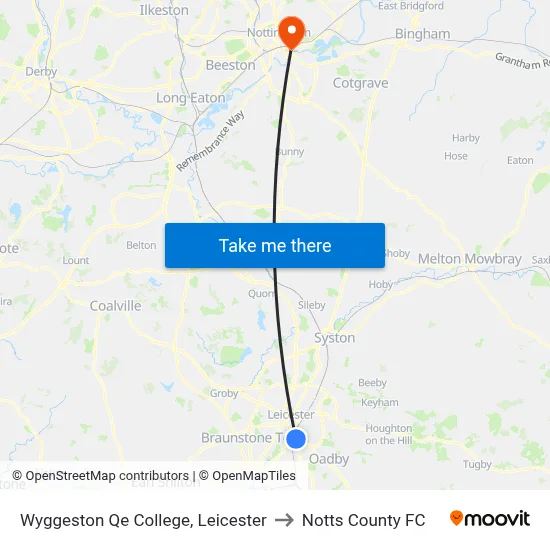 Wyggeston Qe College, Leicester to Notts County FC map