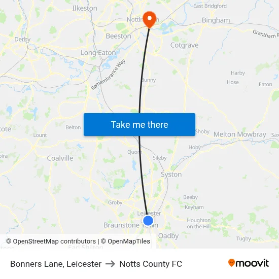 Bonners Lane, Leicester to Notts County FC map