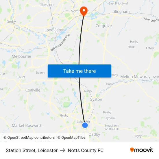 Station Street, Leicester to Notts County FC map