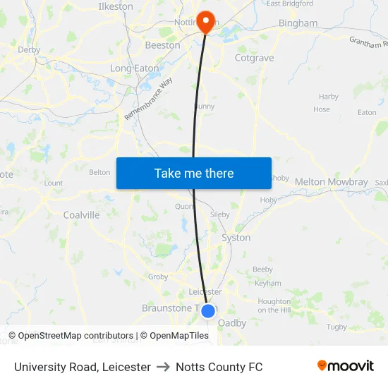 University Road, Leicester to Notts County FC map