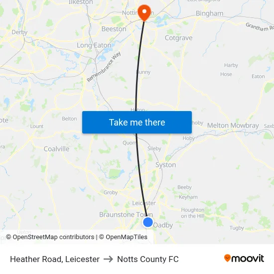 Heather Road, Leicester to Notts County FC map