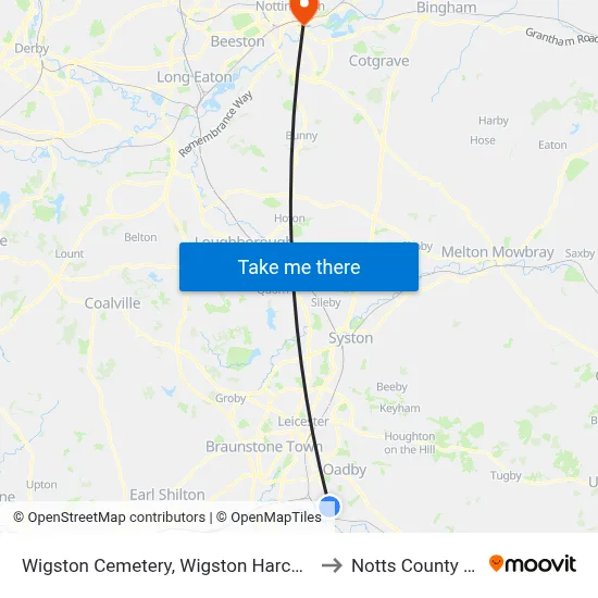 Wigston Cemetery, Wigston Harcourt to Notts County FC map