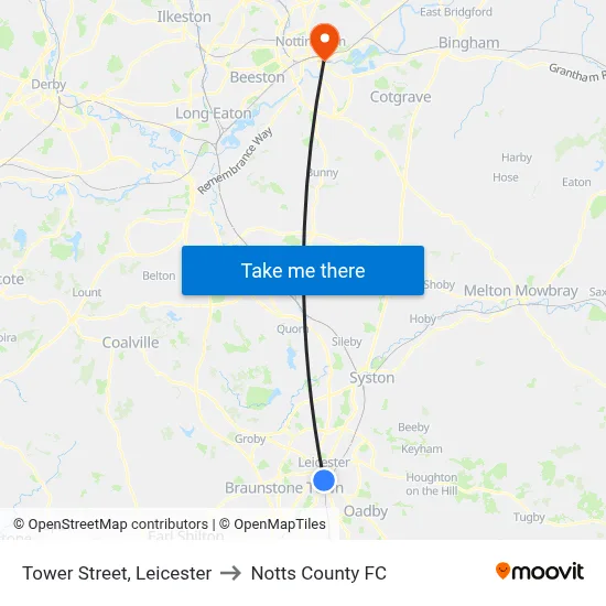 Tower Street, Leicester to Notts County FC map