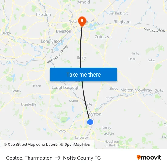 Costco, Thurmaston to Notts County FC map