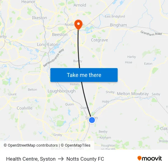 Health Centre, Syston to Notts County FC map