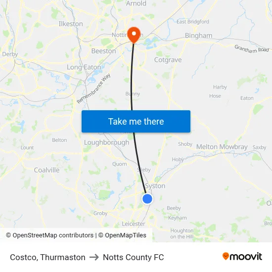 Costco, Thurmaston to Notts County FC map