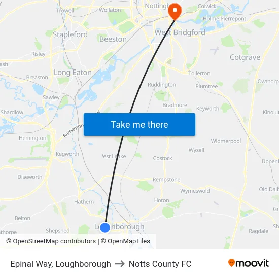 Epinal Way, Loughborough to Notts County FC map
