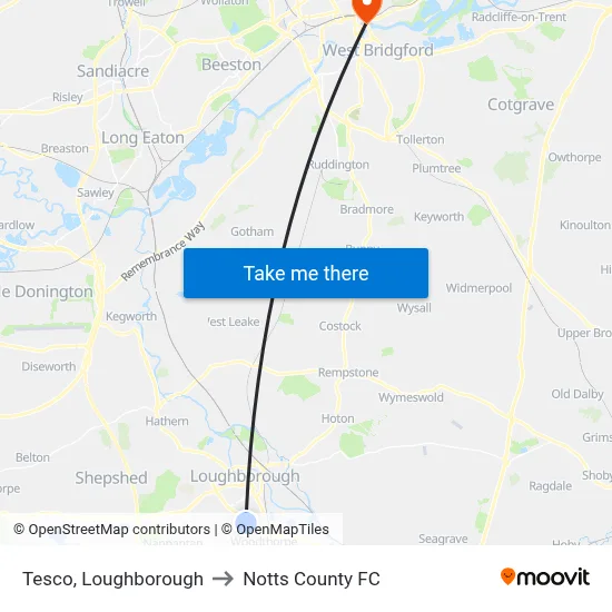 Tesco, Loughborough to Notts County FC map