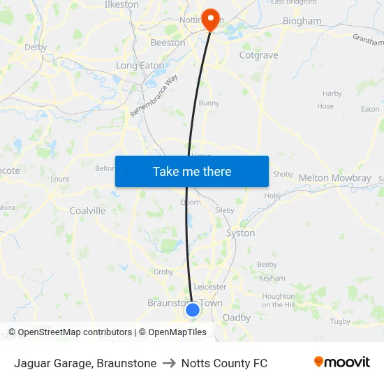 Jaguar Garage, Braunstone to Notts County FC map