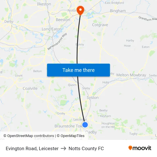 Evington Road, Leicester to Notts County FC map