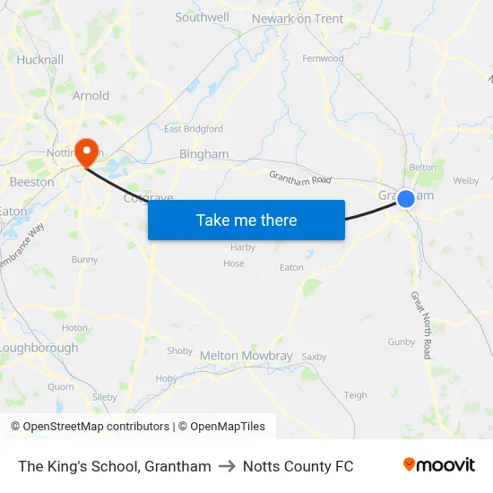 The King's School, Grantham to Notts County FC map