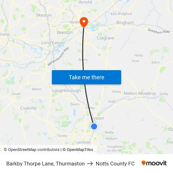 Barkby Thorpe Lane, Thurmaston to Notts County FC map