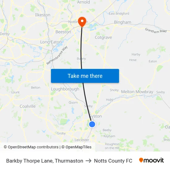 Barkby Thorpe Lane, Thurmaston to Notts County FC map