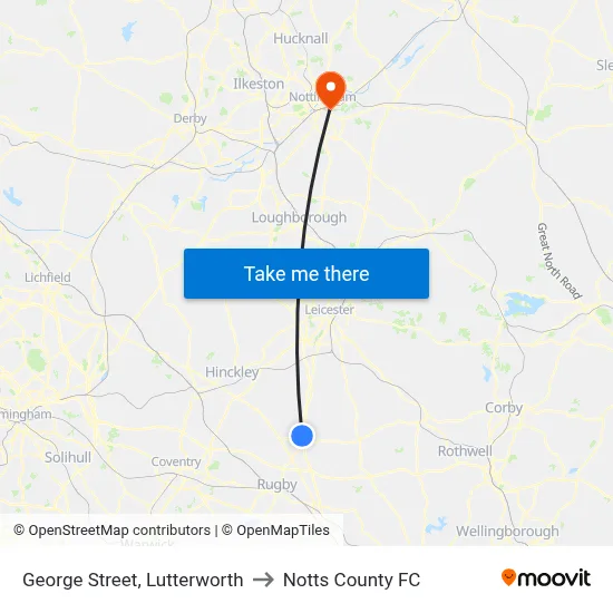 George Street, Lutterworth to Notts County FC map