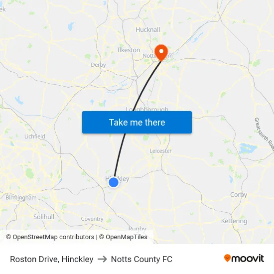 Roston Drive, Hinckley to Notts County FC map