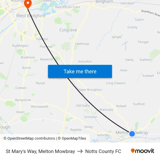 St Mary's Way, Melton Mowbray to Notts County FC map