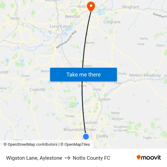 Wigston Lane, Aylestone to Notts County FC map