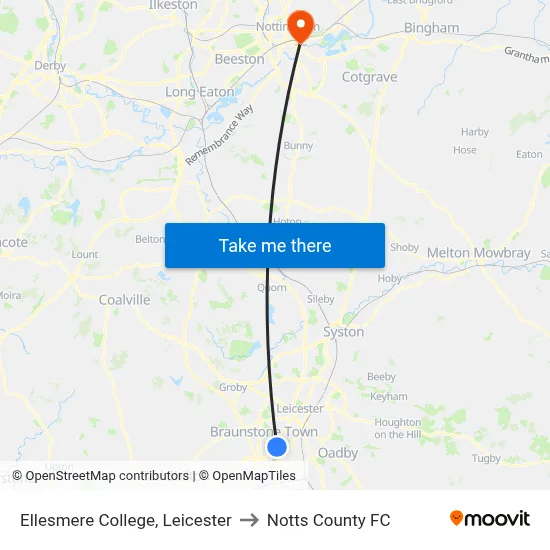 Ellesmere College, Leicester to Notts County FC map