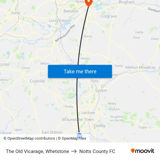 The Old Vicarage, Whetstone to Notts County FC map