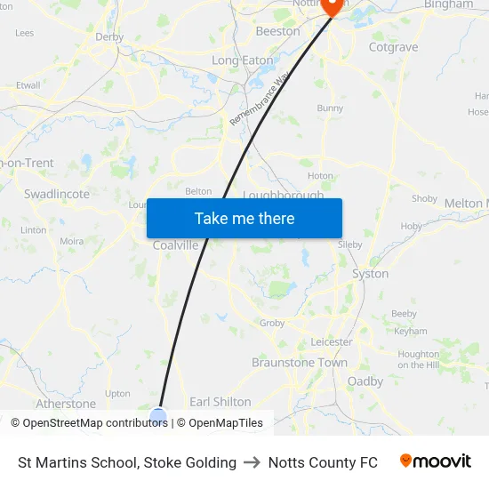 St Martins School, Stoke Golding to Notts County FC map