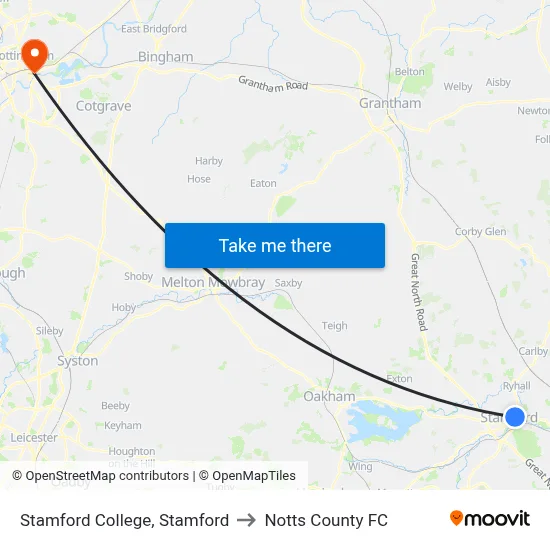 Stamford College, Stamford to Notts County FC map