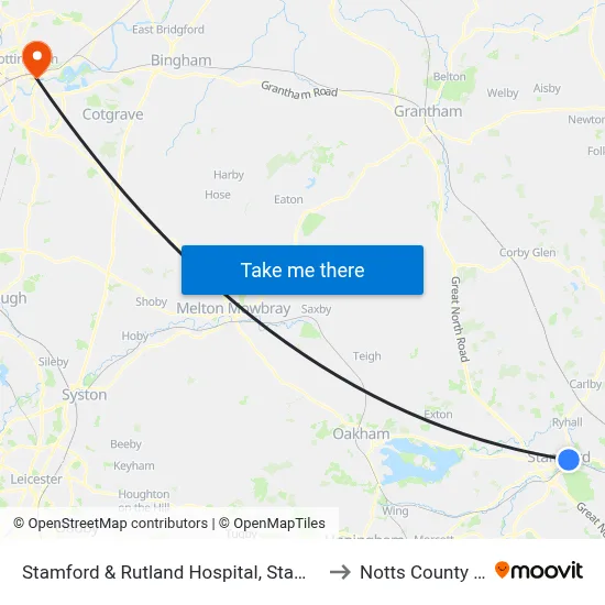 Stamford & Rutland Hospital, Stamford to Notts County FC map