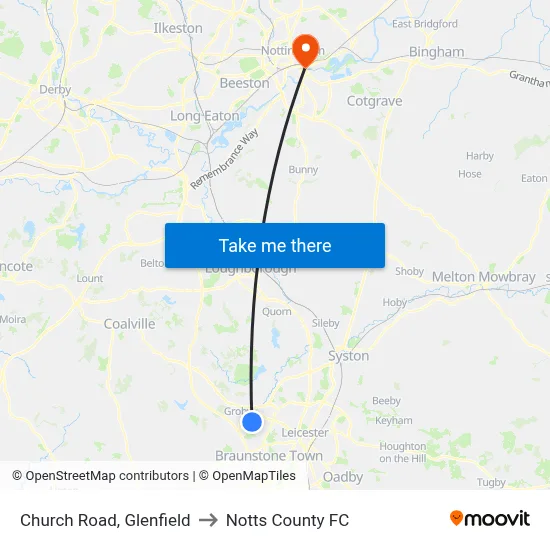 Church Road, Glenfield to Notts County FC map