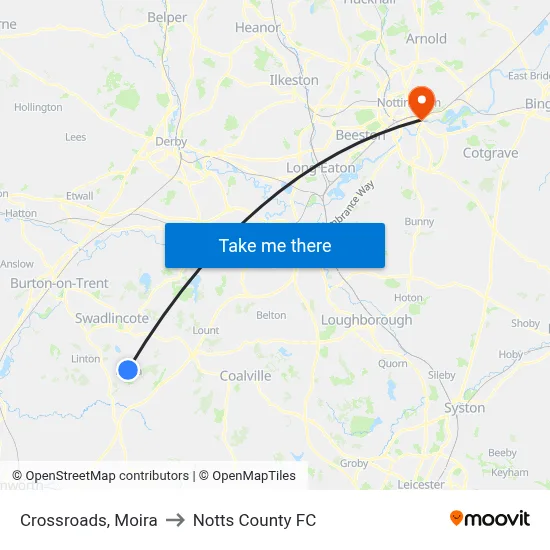 Crossroads, Moira to Notts County FC map