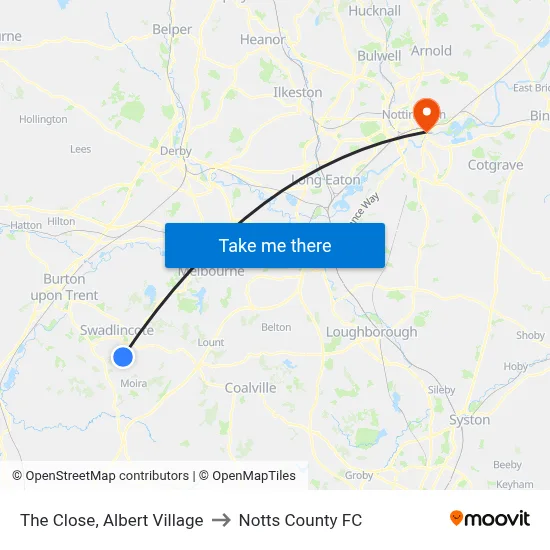 The Close, Albert Village to Notts County FC map