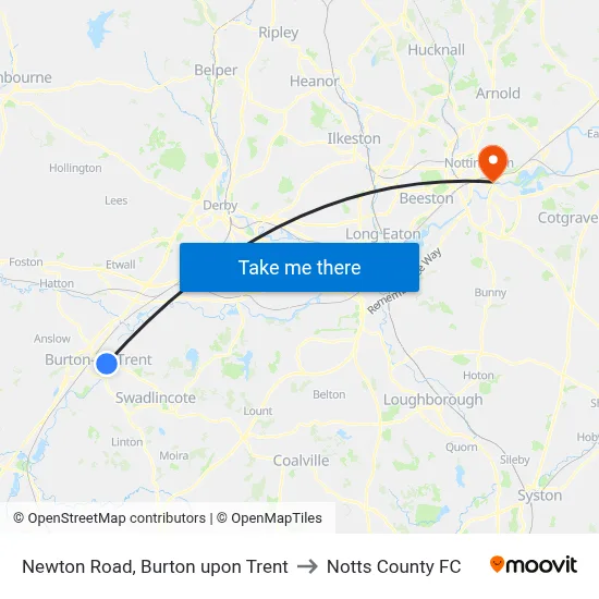 Newton Road, Burton upon Trent to Notts County FC map