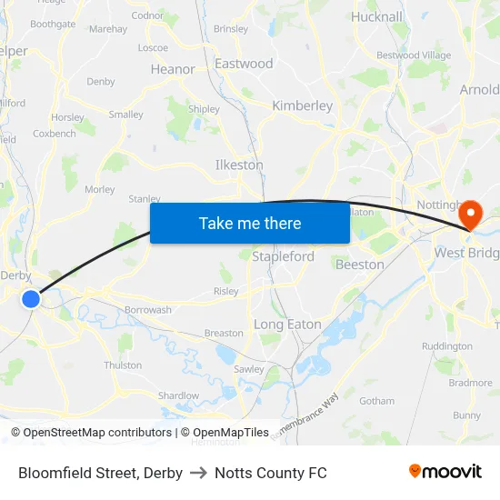 Bloomfield Street, Derby to Notts County FC map