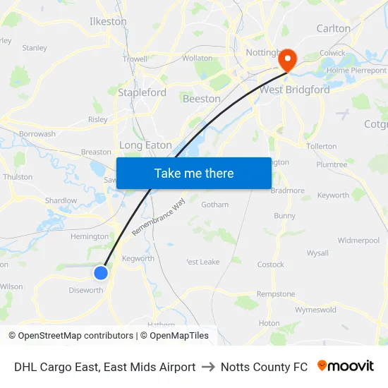 DHL Cargo East, East Mids Airport to Notts County FC map